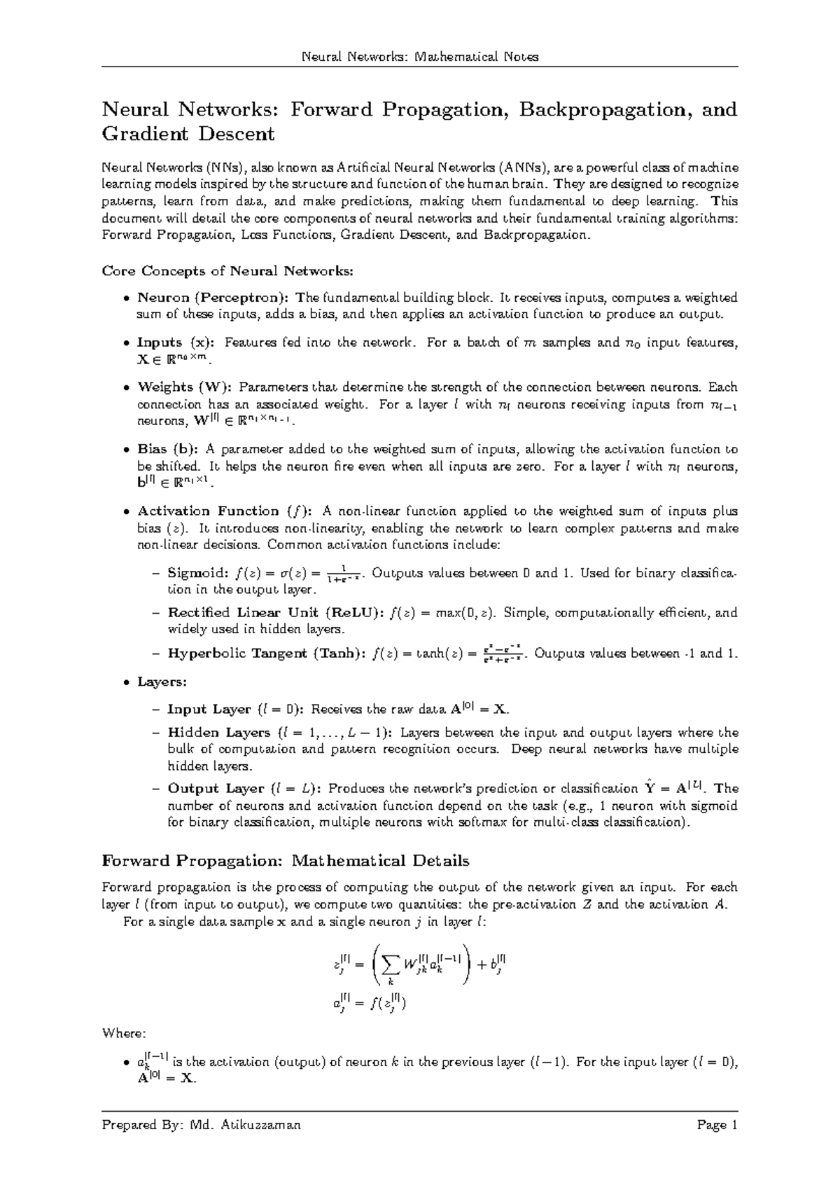 Neural Networks (NNs) Math Notes: Forward Propagation & Backpropagation ...