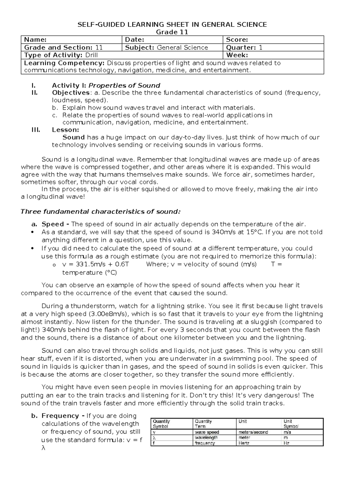 SLAS-GS 11: Properties of Sound - Learning Sheet & Activities - Document Preview