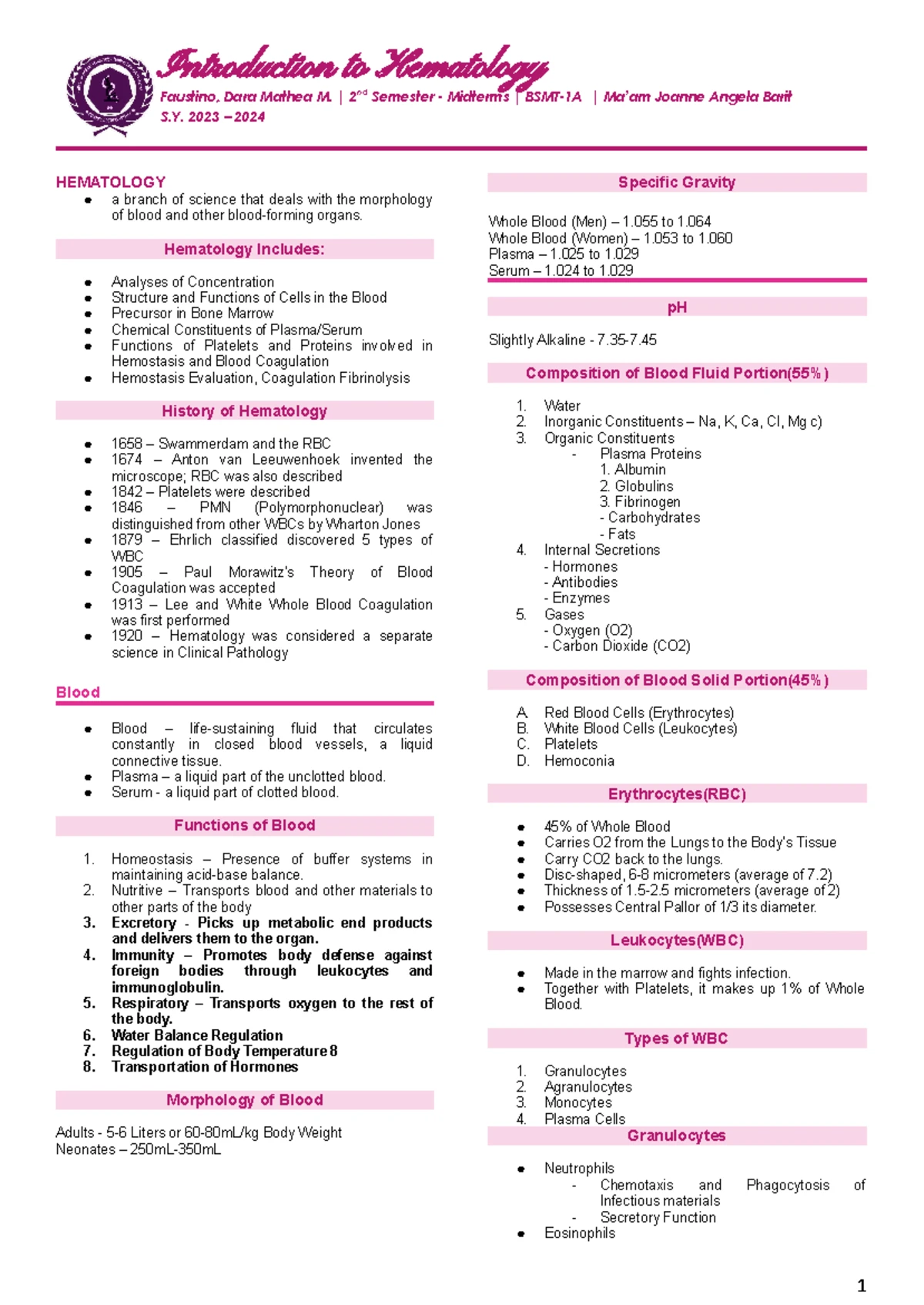Intro to Hematology - HEM 101 Lecture Notes on Blood Disorders - Studocu