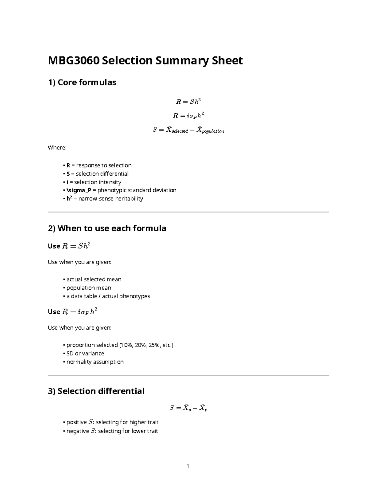 MBG3060 Selection Summary Sheet: Key Formulas & Concepts - Studocu