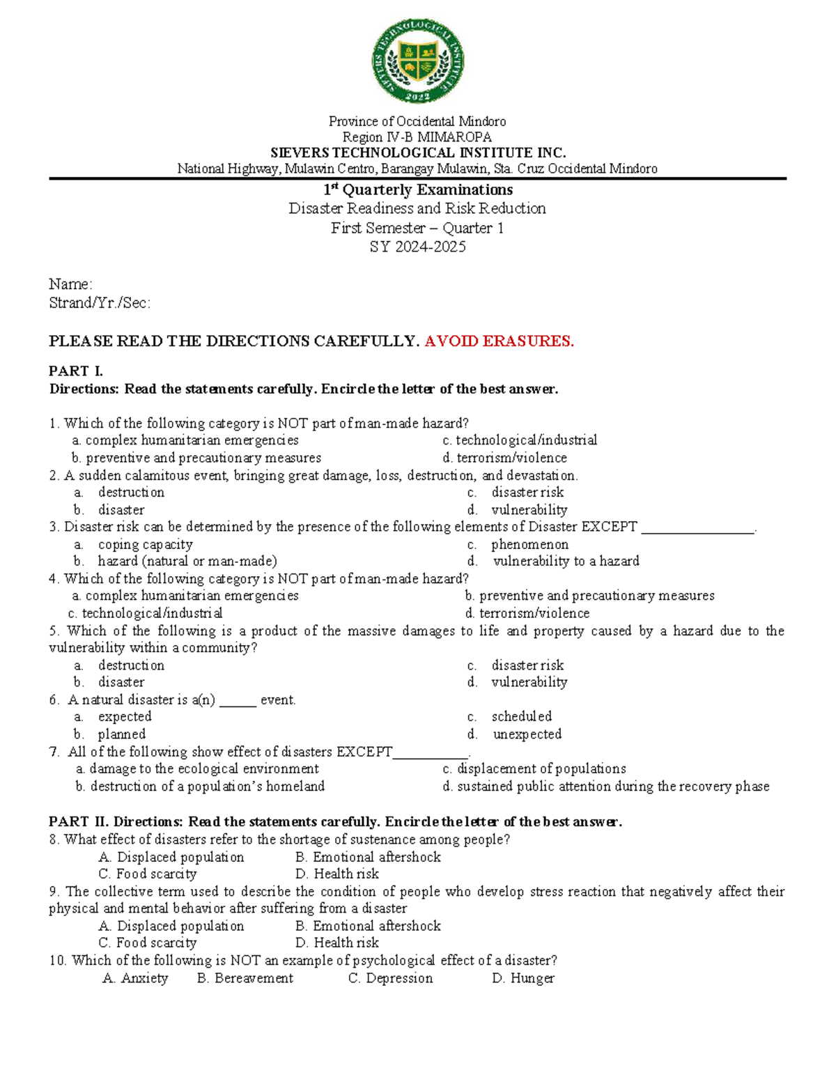 Disaster Readiness & Risk Reduction - 1st Quarter Exam (SY) - Studocu