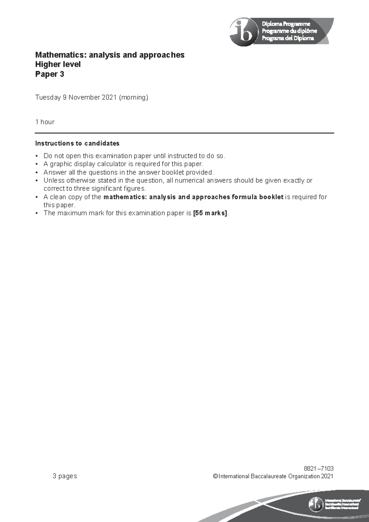 Mathematics: Analysis and Approaches HL Paper 3 - Nov 2021 Exam - Studocu
