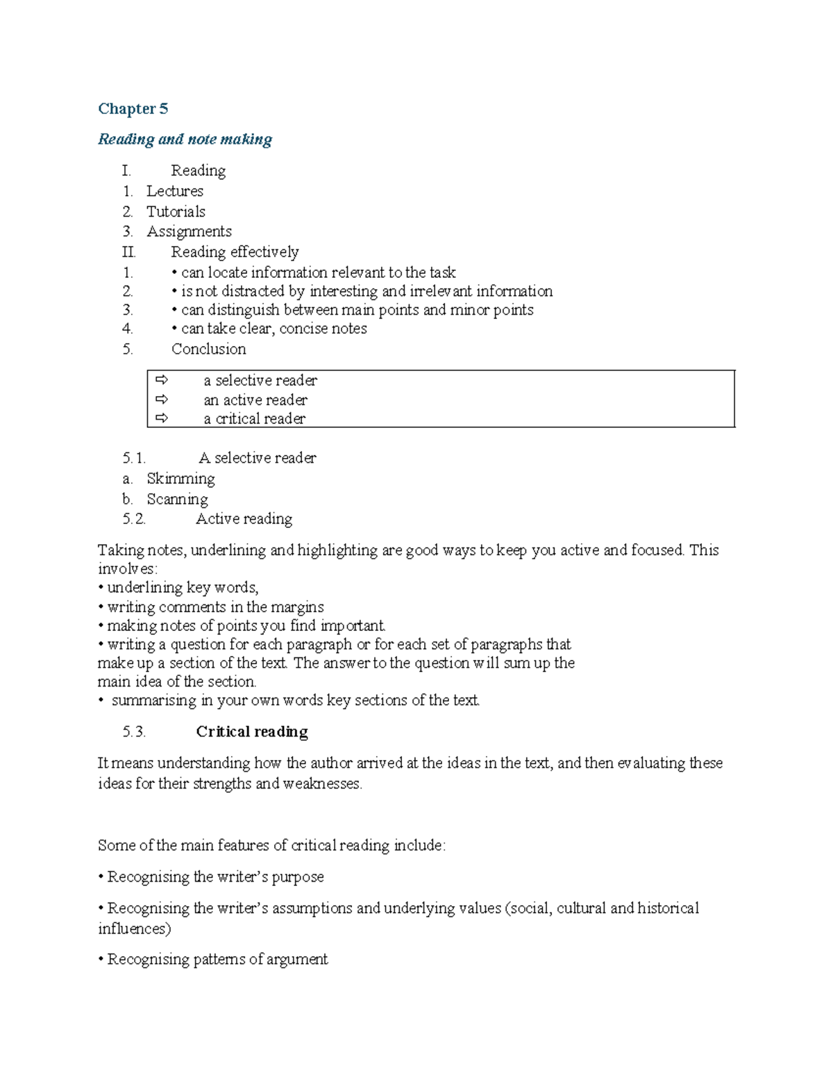 Chapter 5: Unistep - Chapter 5 Reading and note making I. Reading 1 ...