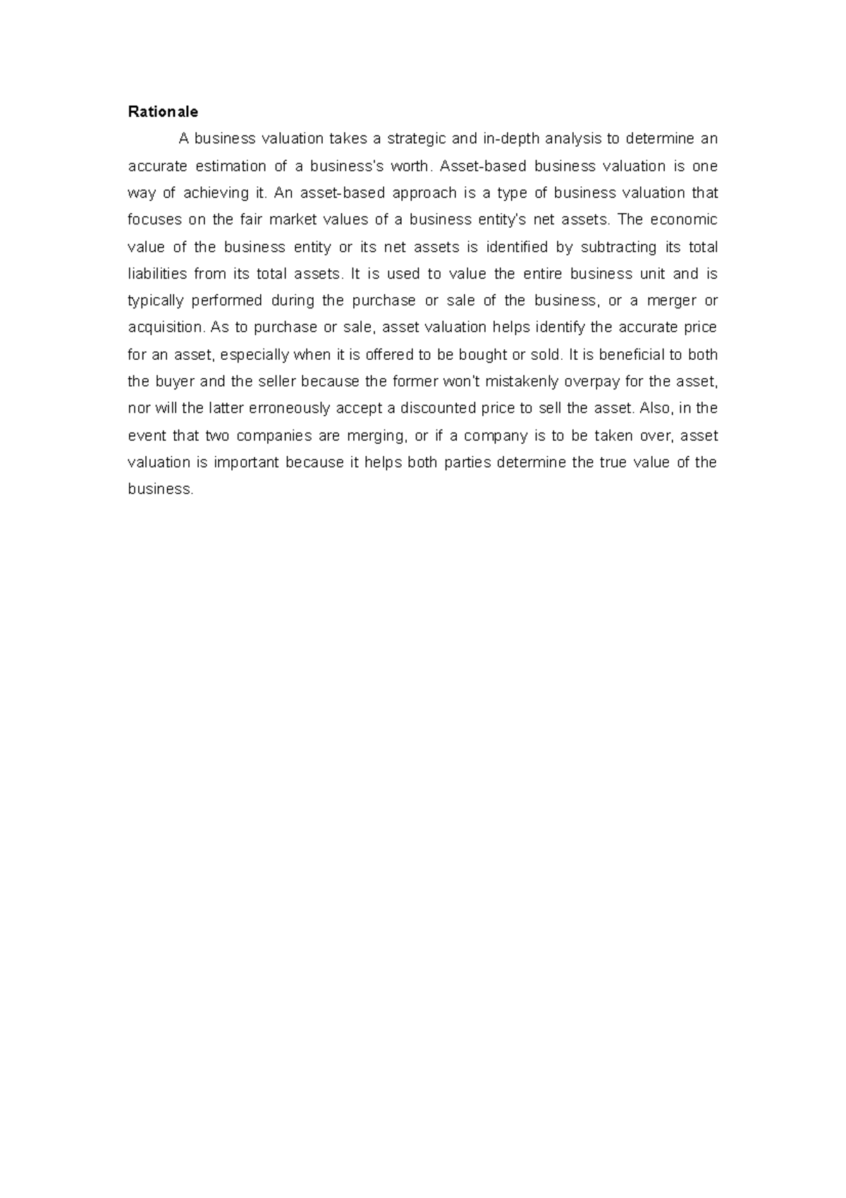 Lecture Notes 1123 - Rationale A business valuation takes a strategic ...