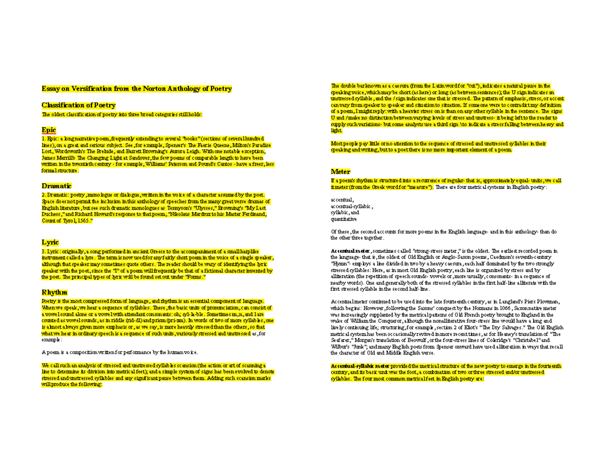 Norton Anthology of Poetry: Essay on Versification Techniques - Essay ...