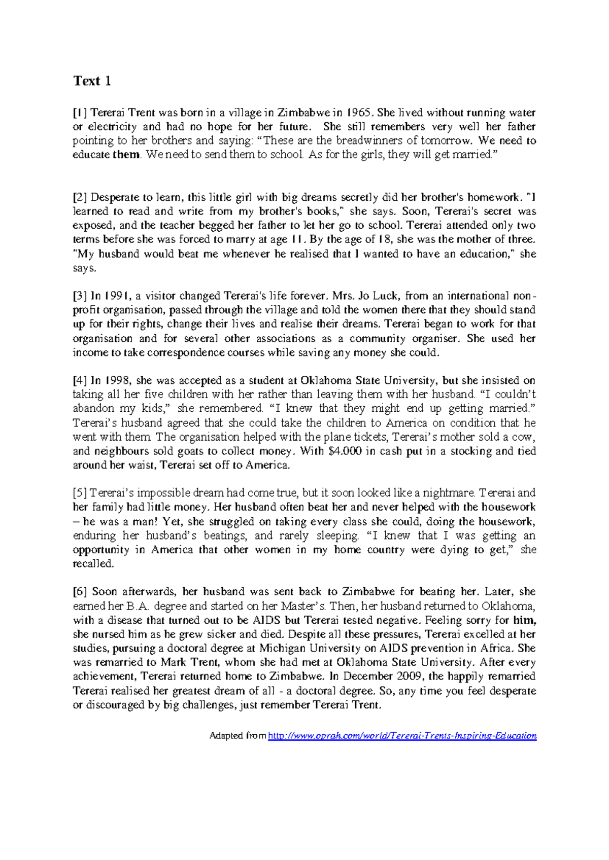 Text-1 compressed - Text 1 [1] Tererai Trent was born in a village in ...