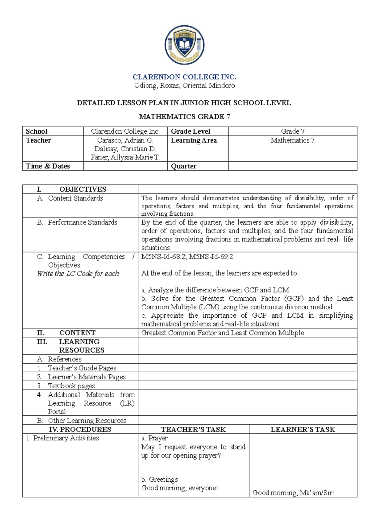 Detailed Lesson Plan in Grade 7 Math: GCF & LCM (CLARENDON COLLEGE ...