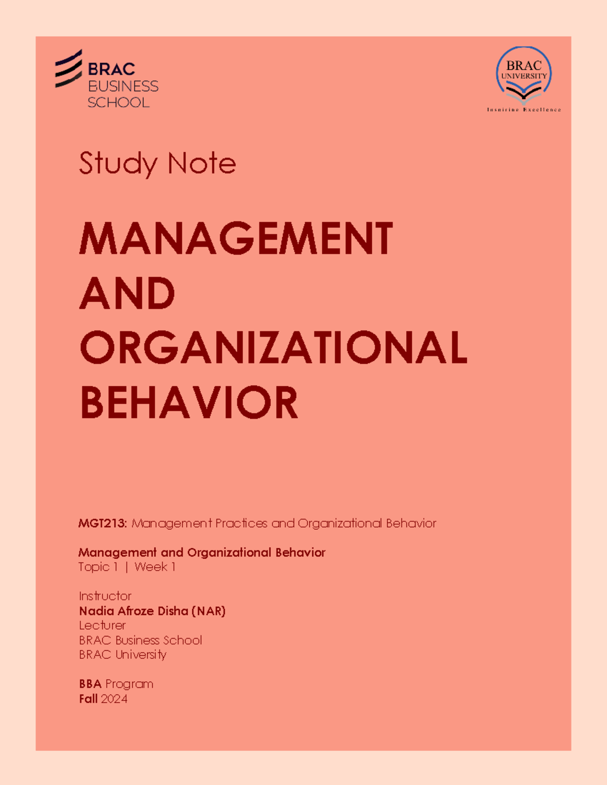 MGT213 BBA Fall 24 NAR Management and Organizational Behavior Note ...