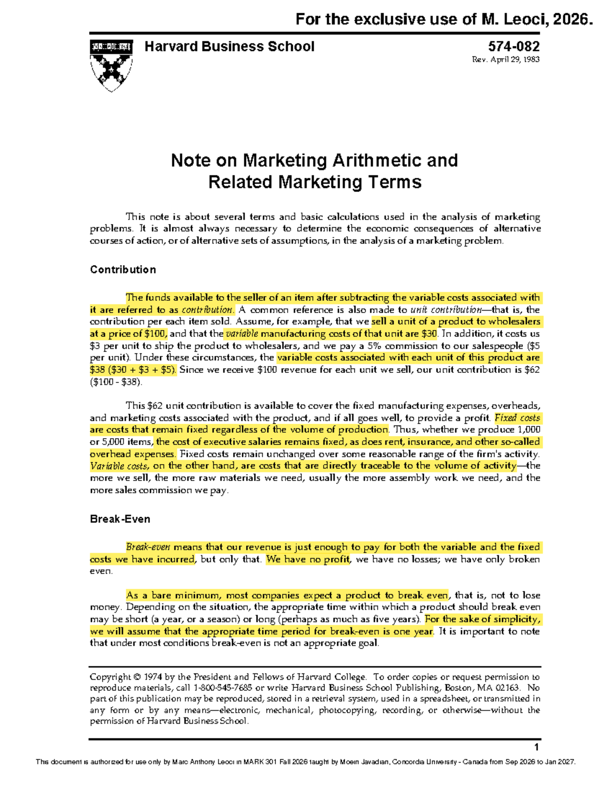 MARK 301 Final Exam Notes: Marketing Arithmetic & Key Terms - Studocu