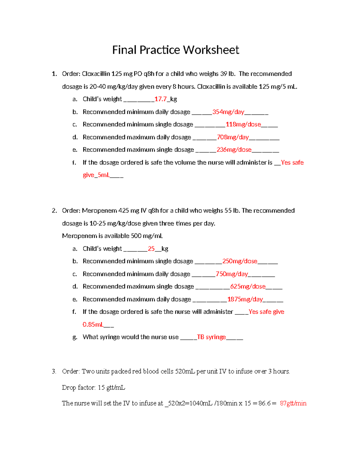 Final Exam Practice Worksheet Answer Key for Nursing Students - Studocu