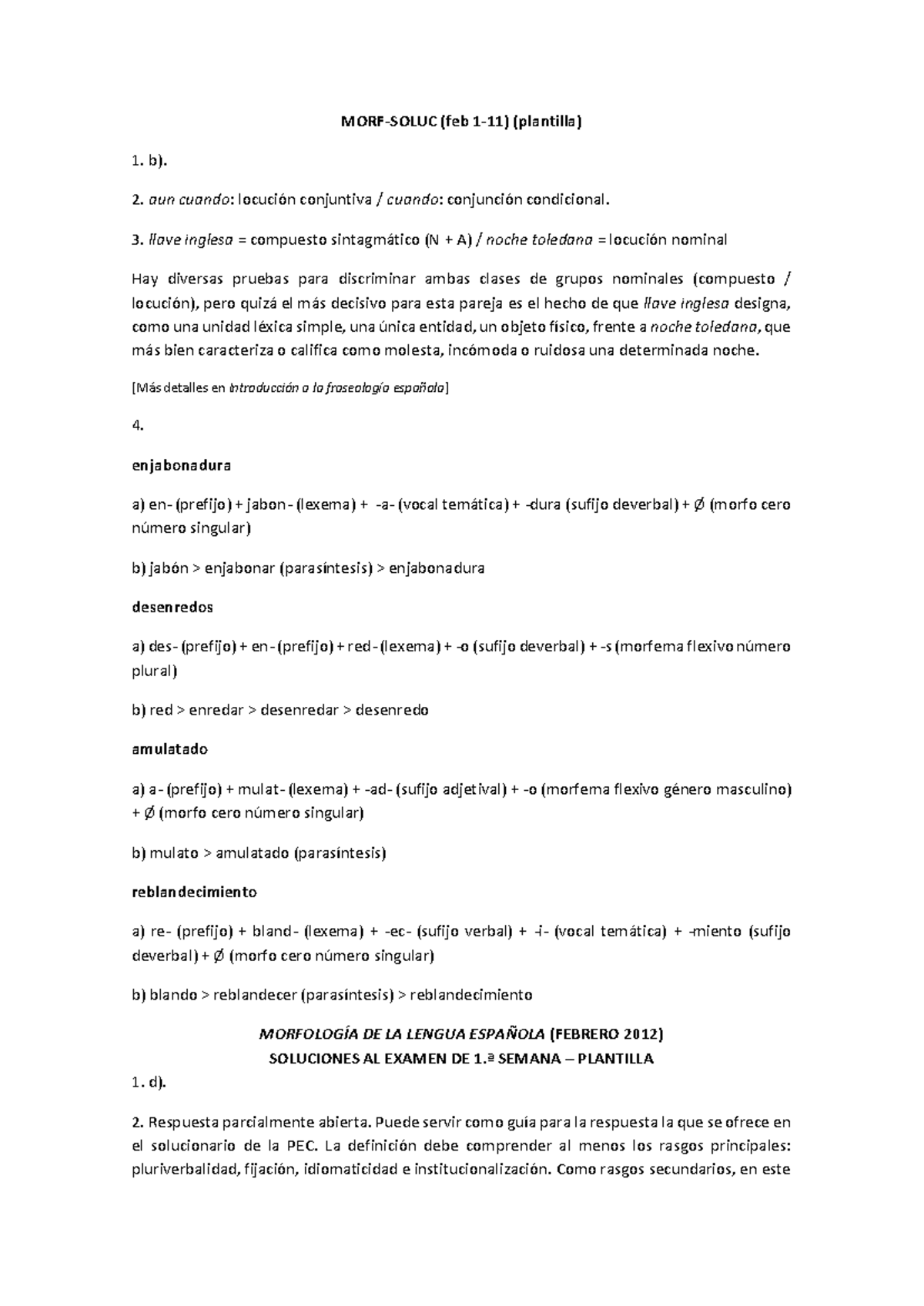 Plantillas de Exámenes de Morfología (2011-2018) - Soluciones - Document Preview