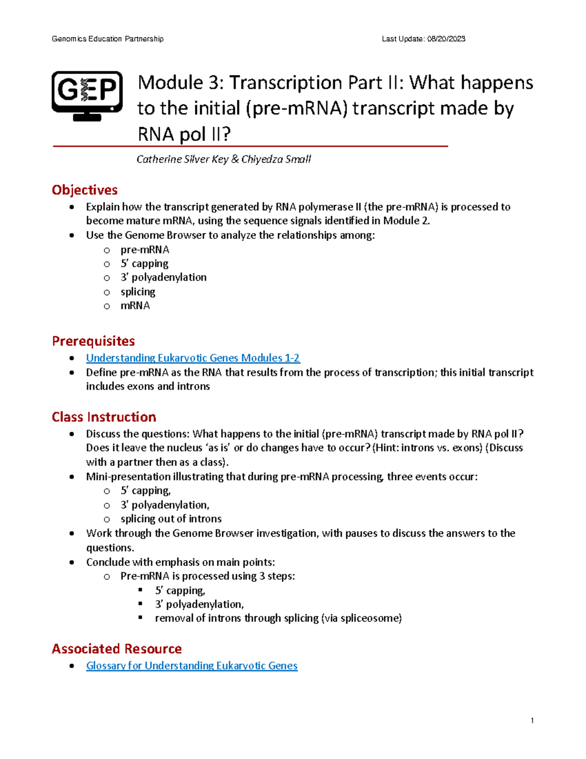 Genomics Education Partnership: Module 3 - mRNA Processing Overview ...