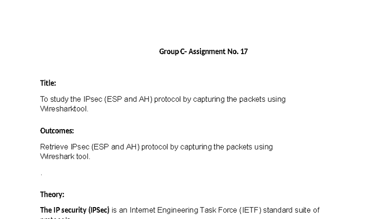 Group Assignment 17: Analyzing IPsec (ESP & AH) with Wireshark - Studocu