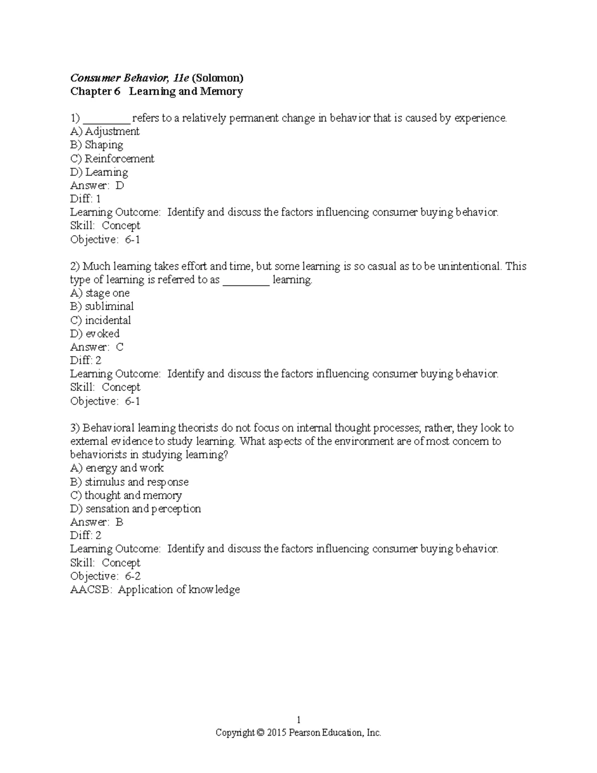 Chapter 6 Questions - Test Bank - Chapter 6 Consumer learning and ...