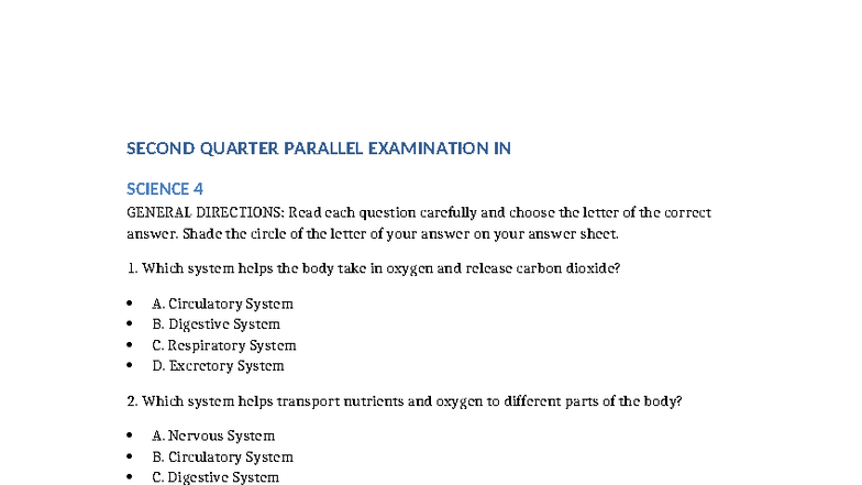 Science 4 Q2 Parallel Exam: 45 Questions on Body Systems & Ecosystems ...
