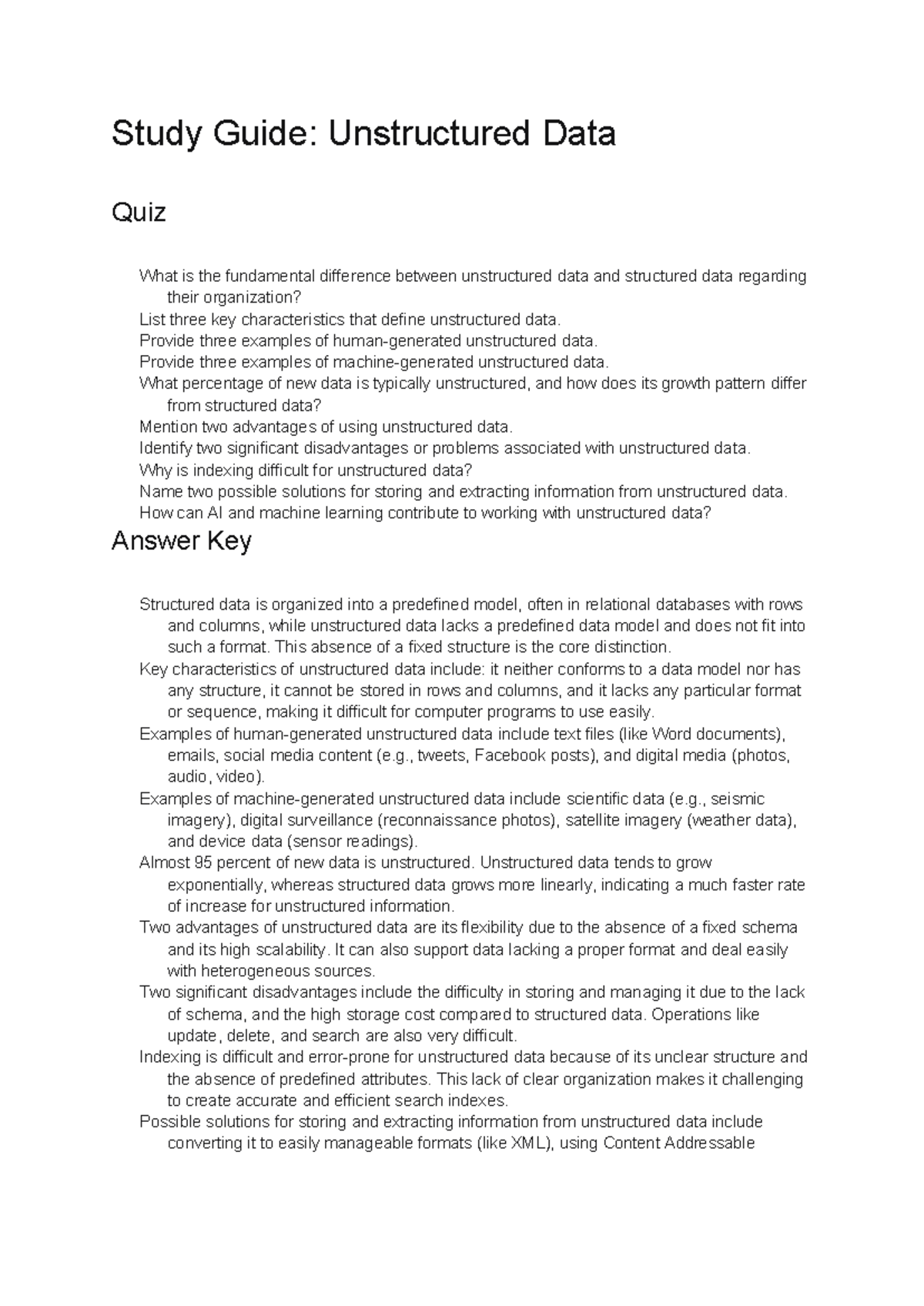 Study Guide: Unstructured Data Quiz (Course Code: DATA101) - Studocu