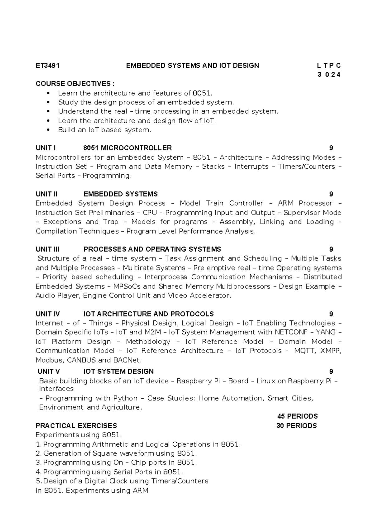 ET3491 Embedded Systems and IoT Design Syllabus Overview - Studocu