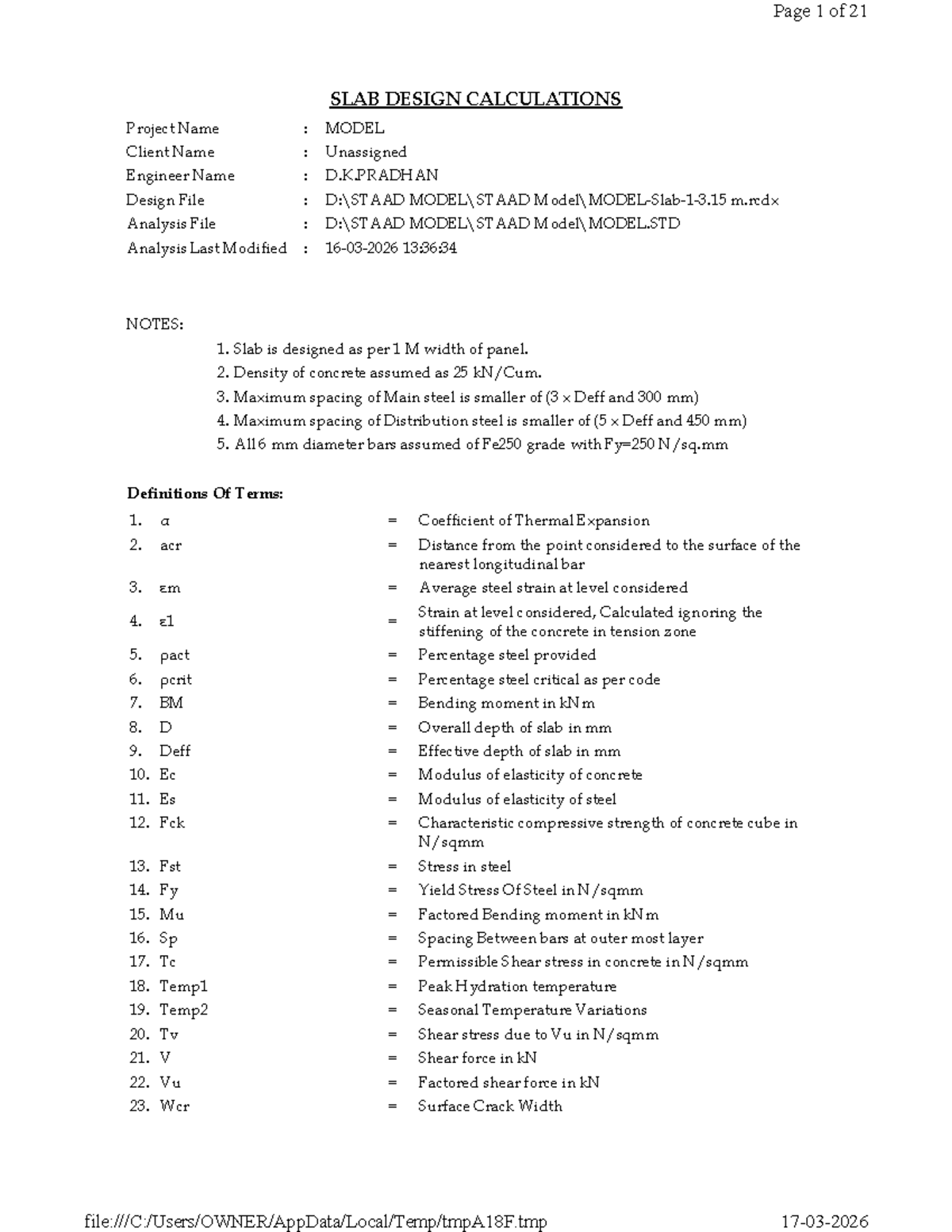 SLAB DESIGN CALCULATIONS (IS 456) - Project MODEL - Studocu