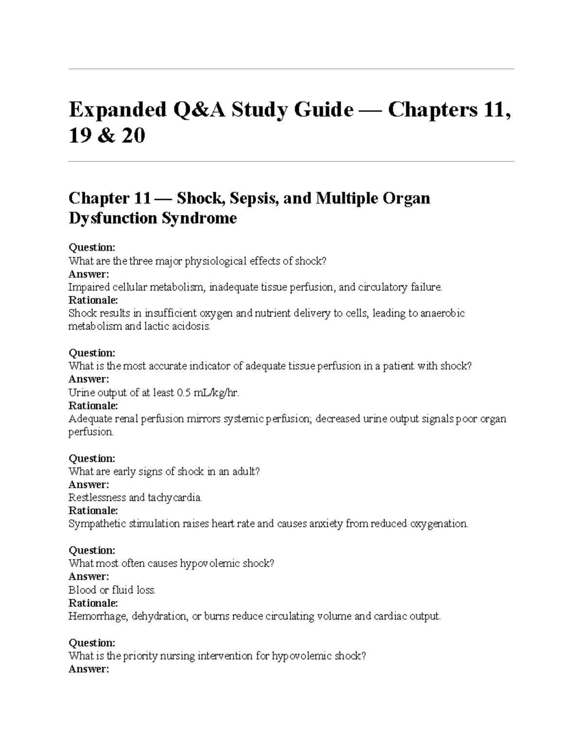 Expanded Q&A Study Guide for Chapters 11, 19 & 20 on Shock and Sepsis ...