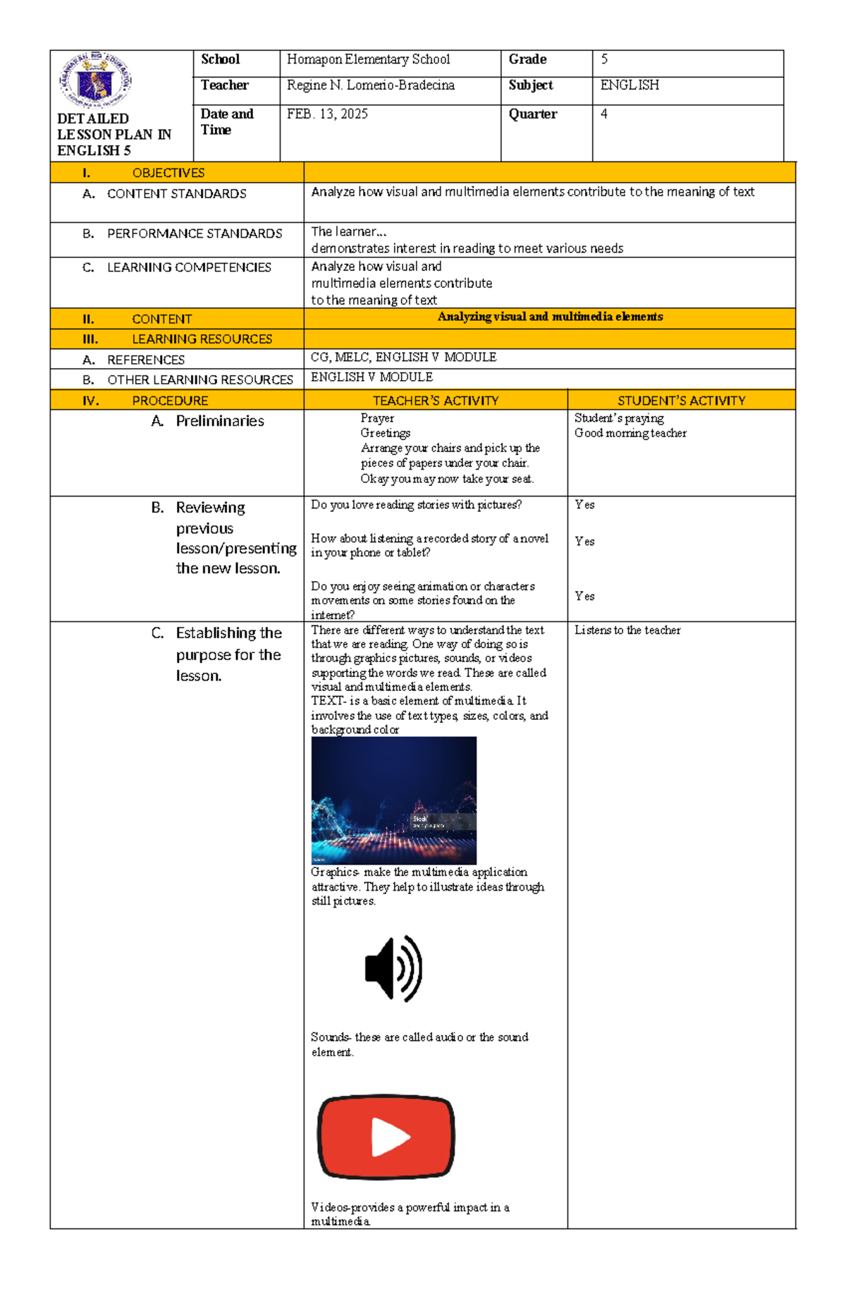 Detailed Lesson Plan in English 5 (DLP5) - Multimedia Elements in Text ...