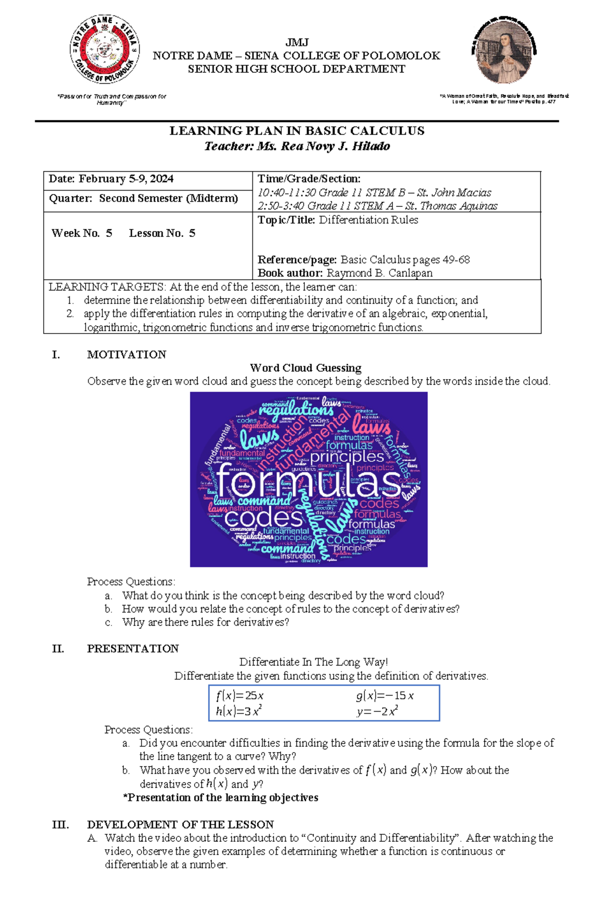 LP- Basic CAL Midterm W5 - JMJ NOTRE DAME – SIENA COLLEGE OF POLOMOLOK ...