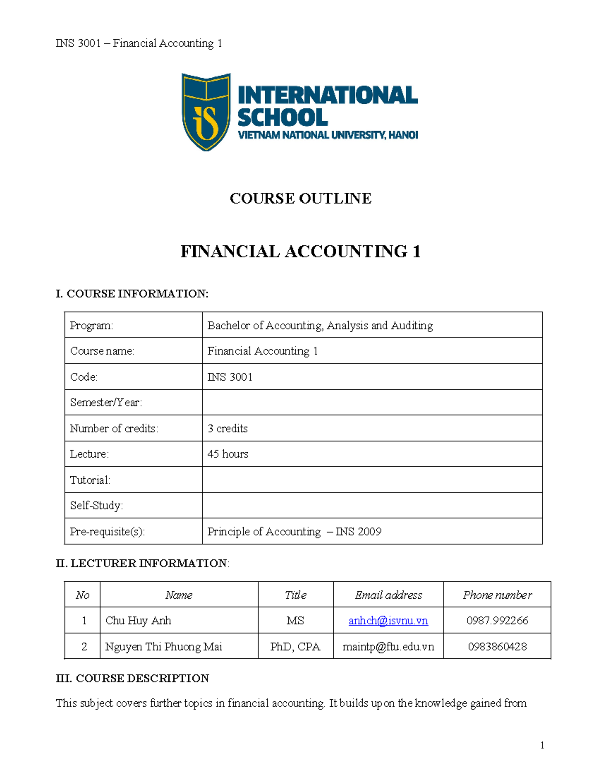 INS3001 - Financial Accounting 1 Course Outline and Overview - Studocu