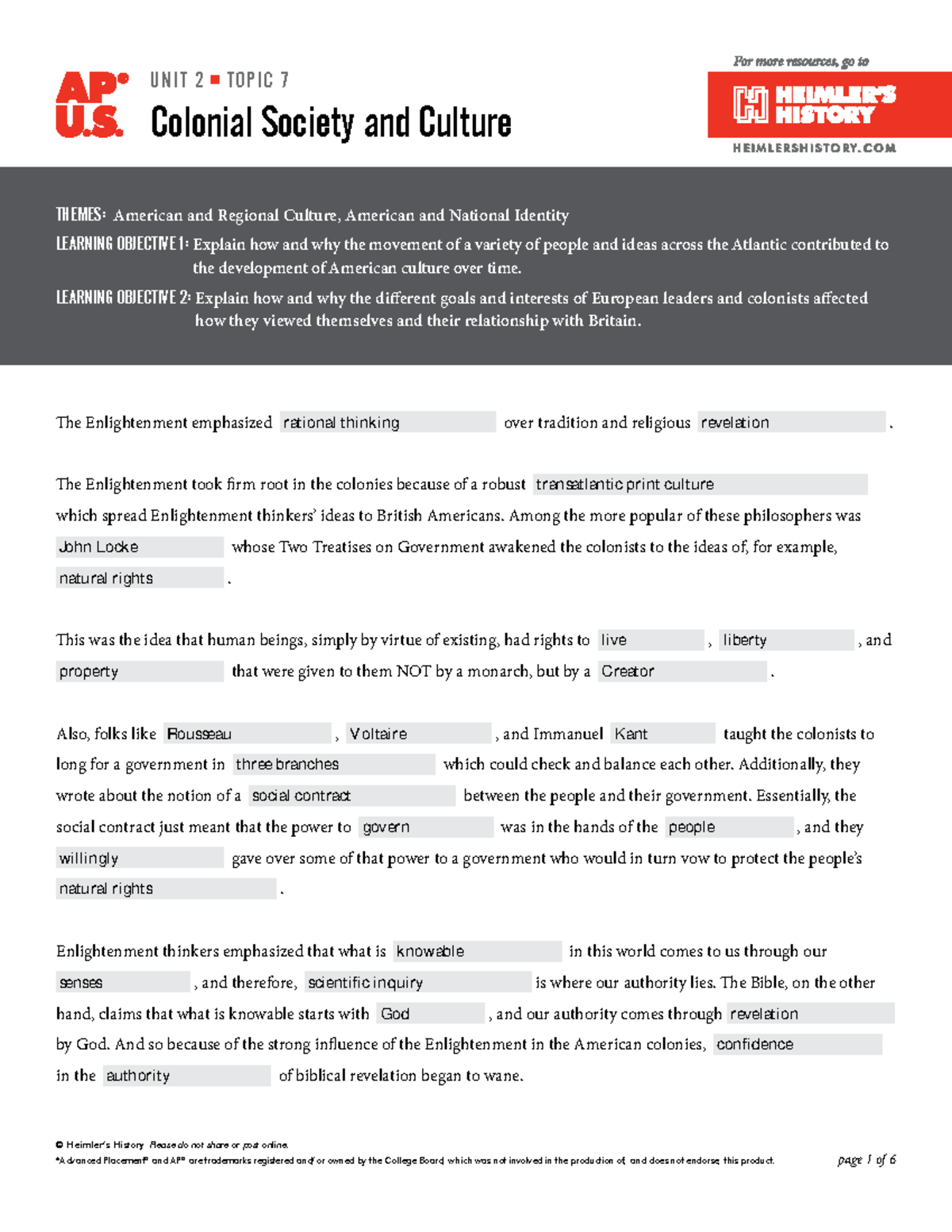 APUSH Unit 2 Topic 7: Colonial Society & Culture Notes - Studocu