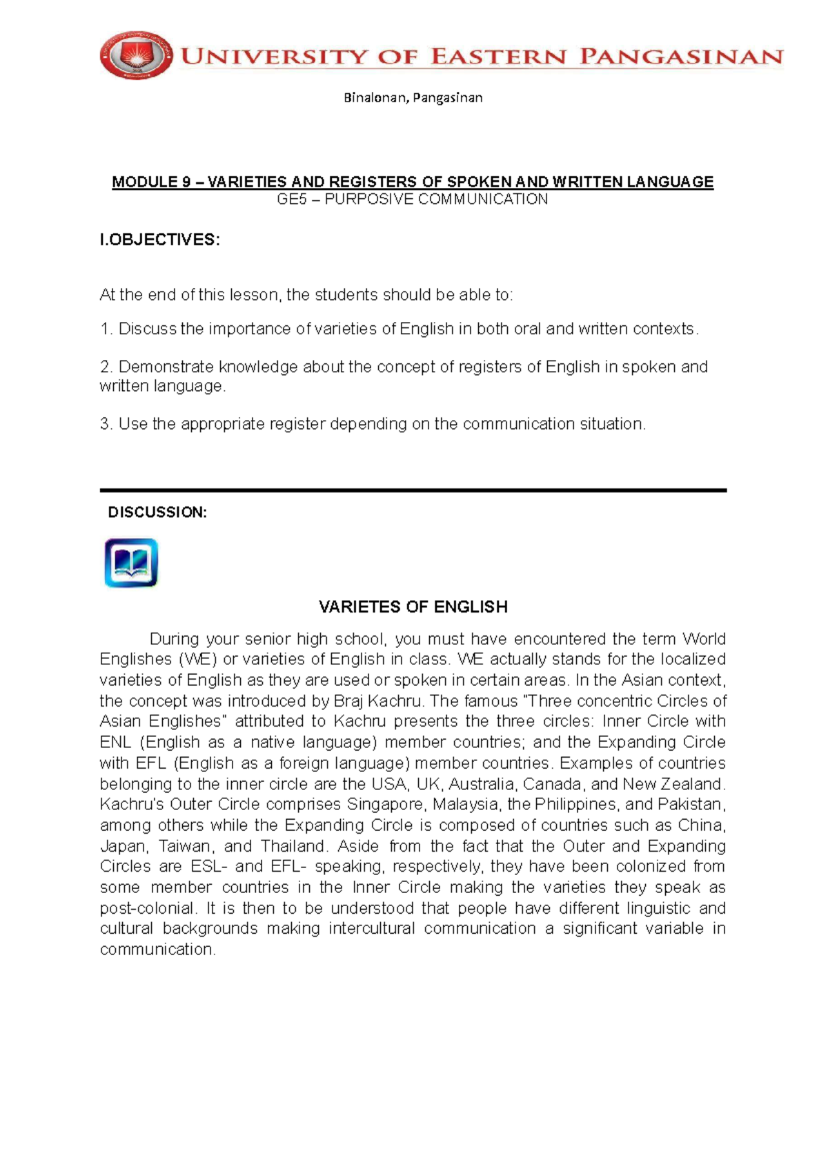 GE5 Purposive Communication: Module 9 on Varieties of Language - Studocu