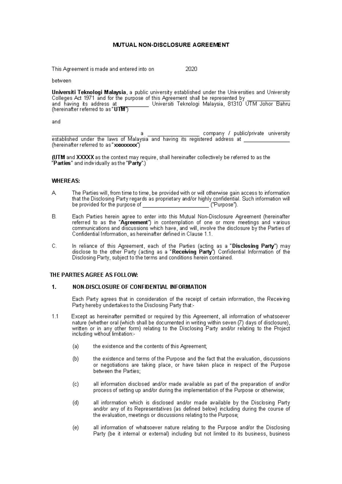 MUTUAL AGREEMENT TEMPLATE - NDA for UTM Collaboration - Studocu
