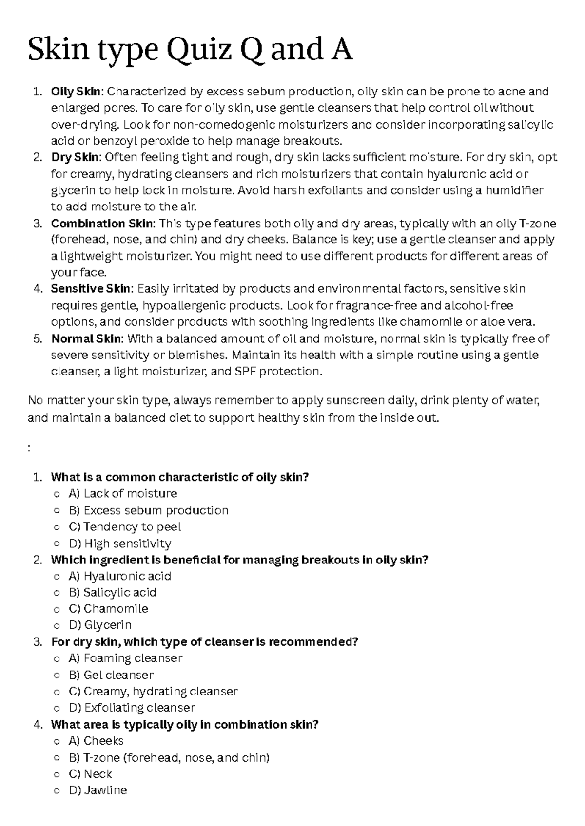 Skin Type Quiz Q&A: Understanding Different Skin Types - Studocu
