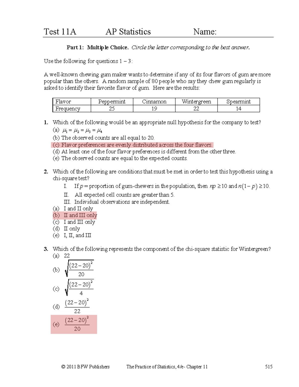 Chapter 11 Test - AP Statistics (Test 11A) Multiple Choice & Free ...