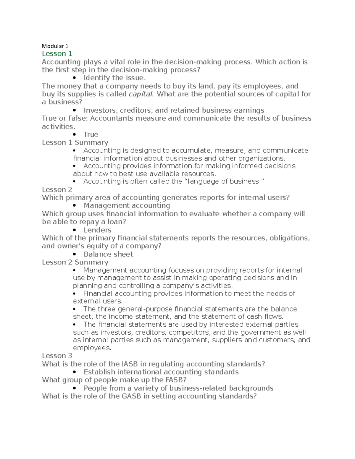 Modular 1 & 2 Accounting Summary Notes for Course ACC101 - Studocu