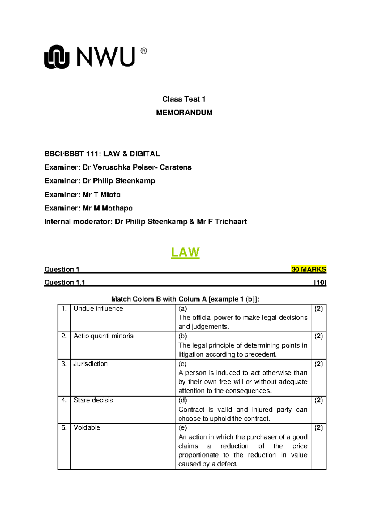 BSCI 112 law - Class test 1 memorandum and answers - Studocu