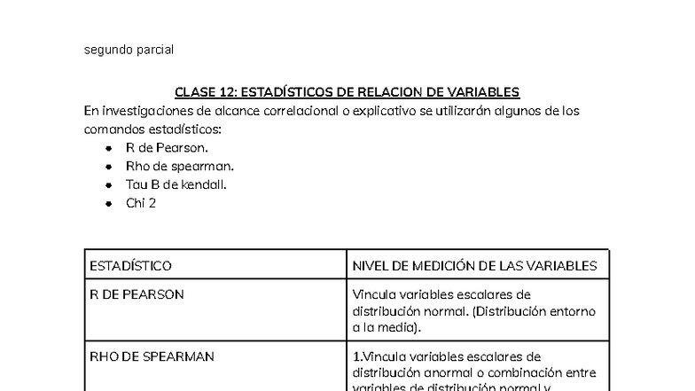 Resumen Estadística Segundo Parcial: Relación de Variables y Métodos ...