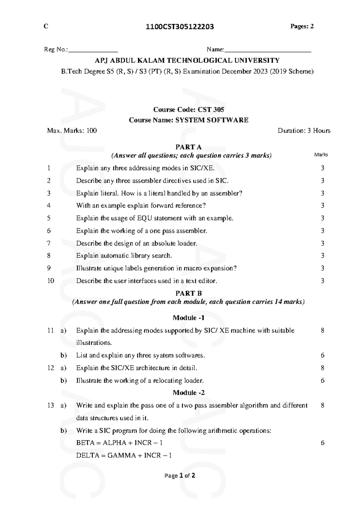 2019 CST305-A Dec. Final Exam QP: System Software Analysis - Studocu