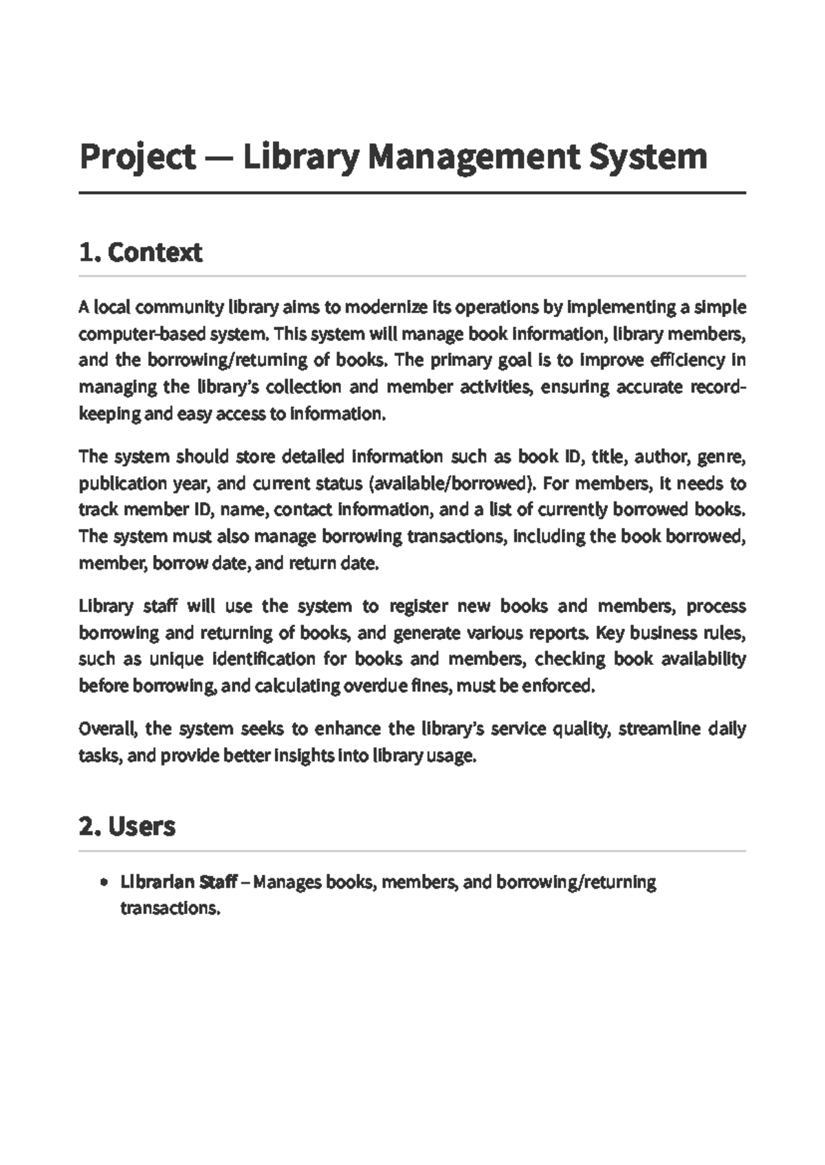 Project 2: Library Management System Overview and Requirements - Studocu