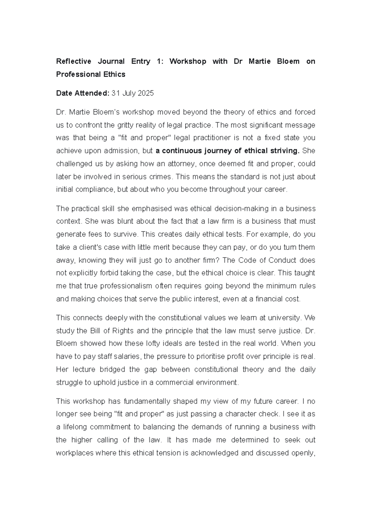 Reflective Journal Entries on Legal Workshops: Insights & Skills - Studocu