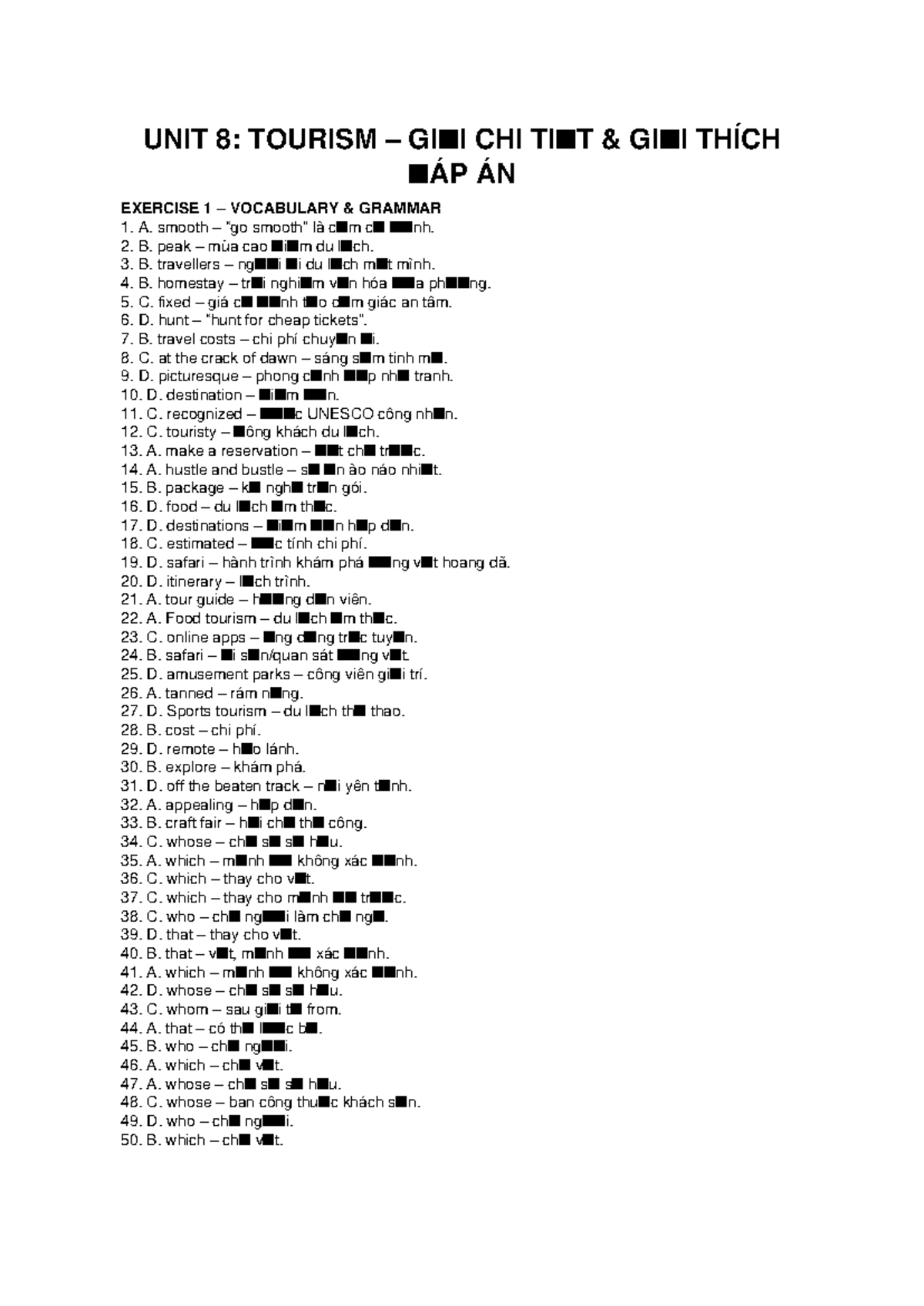 UNIT 8: TOURISM - VOCABULARY & GRAMMAR EXERCISES - Studocu