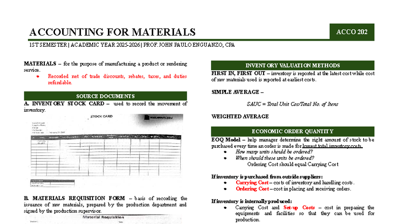 Accounting for Materials: ACCO 202 1st Sem Notes by Prof. Enguanzo ...