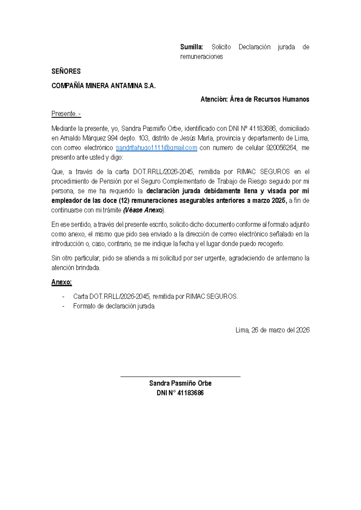 Solicitud de Declaración Jurada de Remuneraciones - Compañía Minera ...