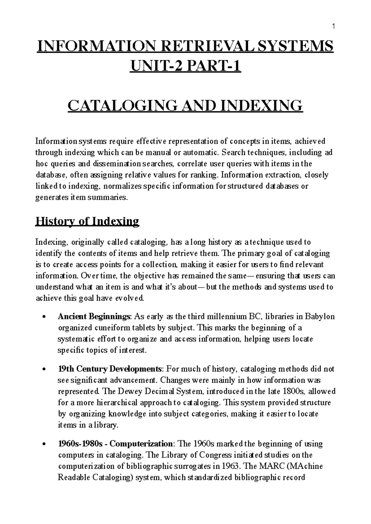 IRS 1: Information Retrieval Systems - Cataloging & Indexing Overview ...