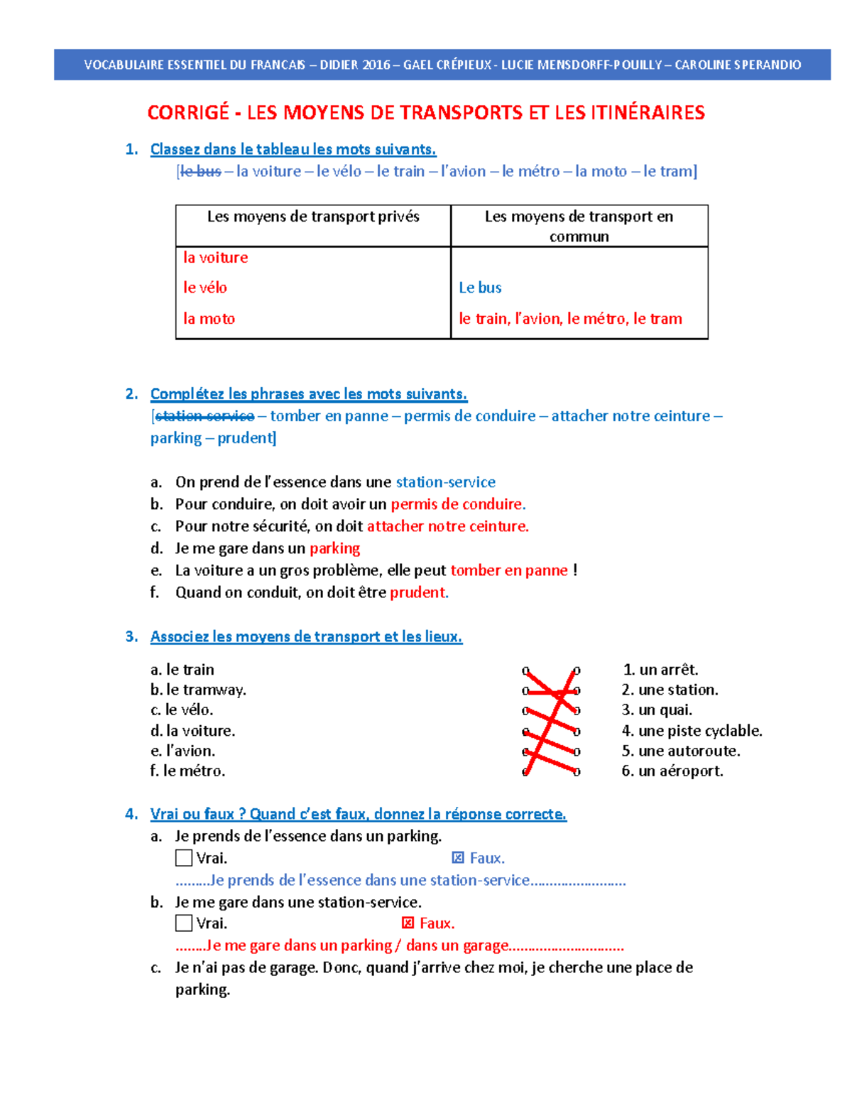Corrigé-LES Moyens DE Transports ET LES Itineraires - VOCABULAIRE ...