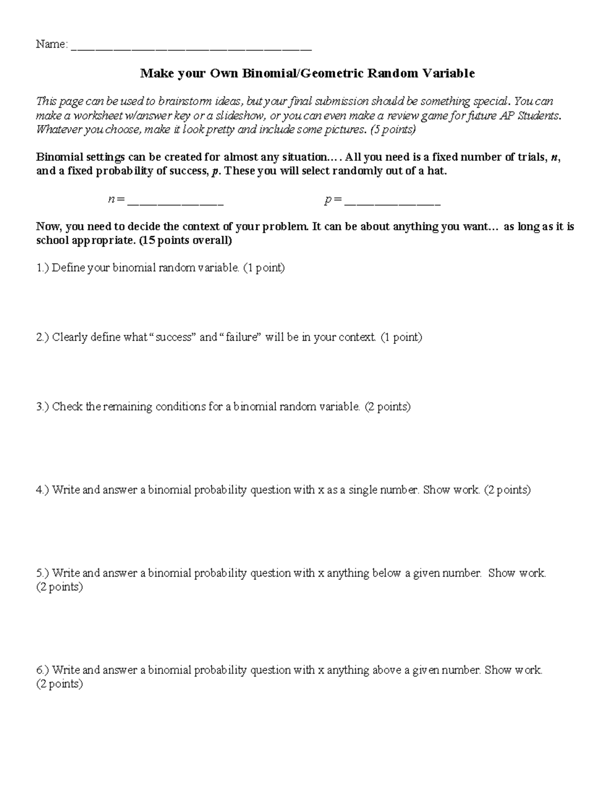 Make Your Own Binomial & Geometric Random Variables (AP Stats) - Studocu