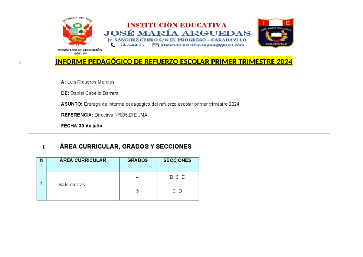 Informe Pedagógico de Refuerzo Escolar Primer Trimestre 2024 - Studocu