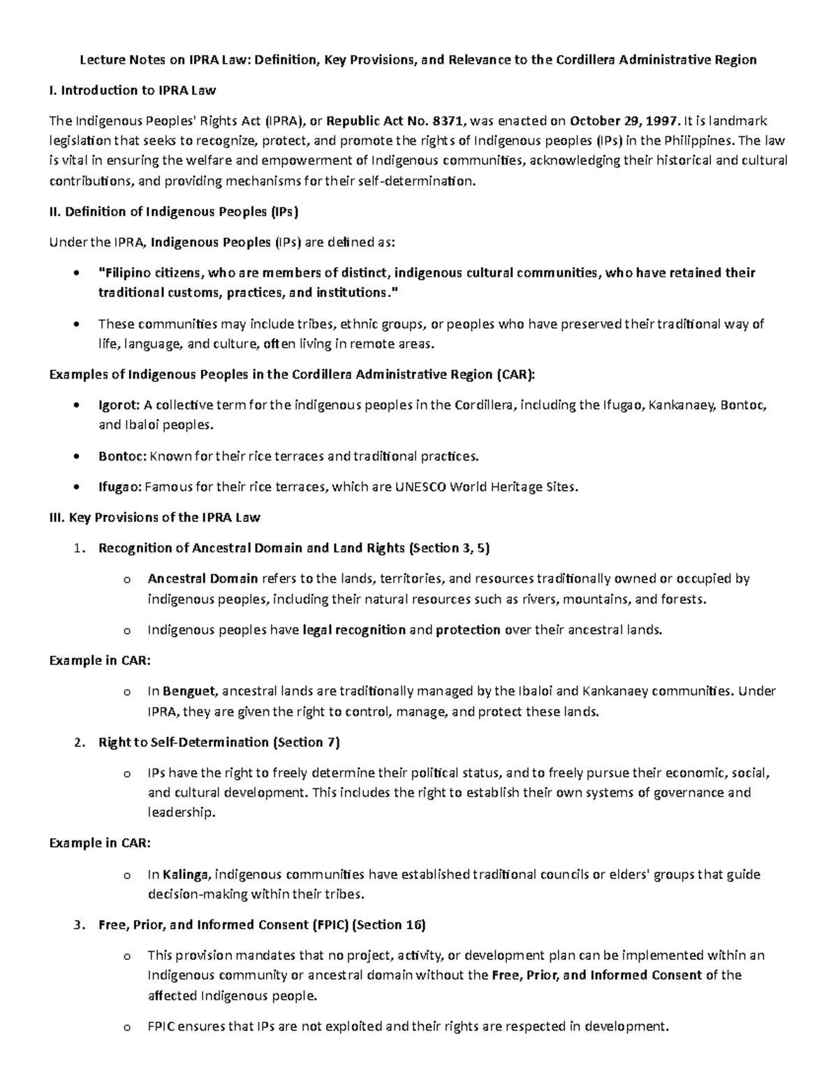 Lecture Notes on IPRA Law: Key Provisions & Importance in CAR - Studocu