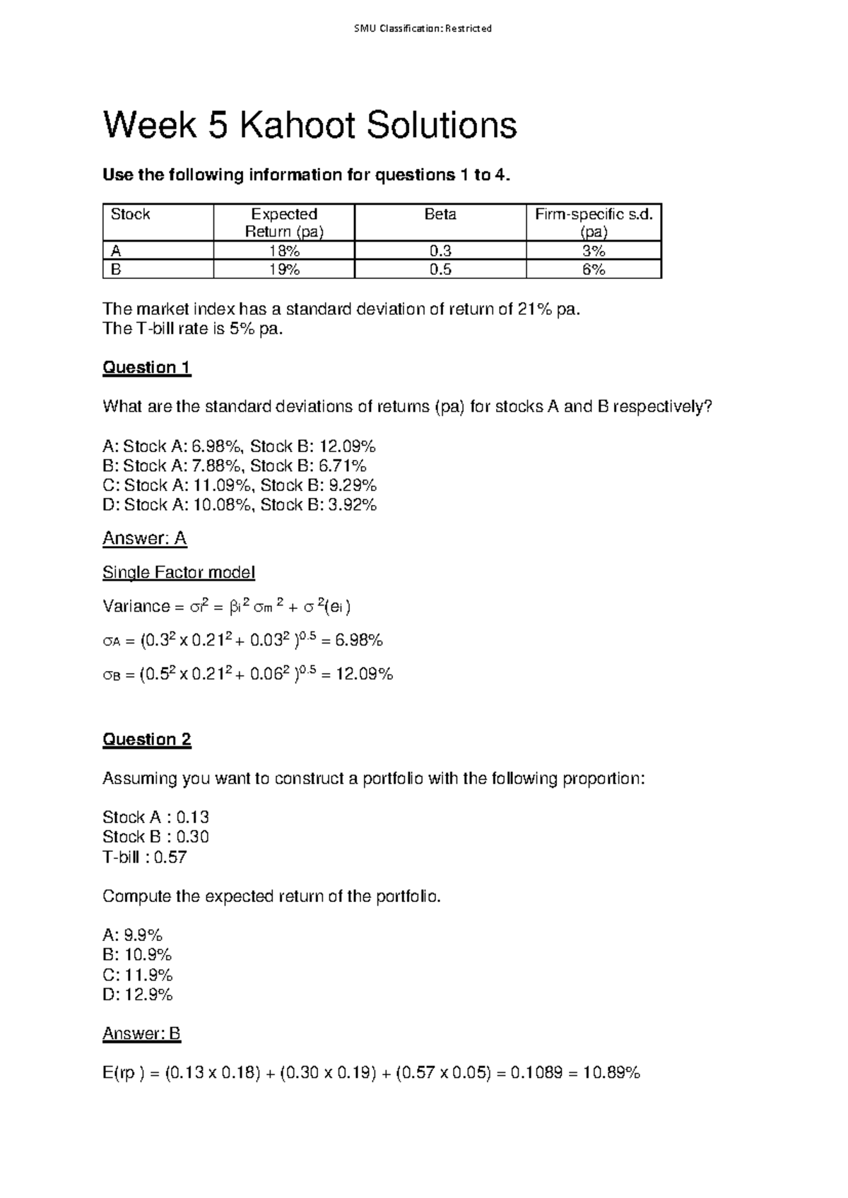 Kahoot 2 - Solutions - Practice 1 for SMU Finance Course - Studocu