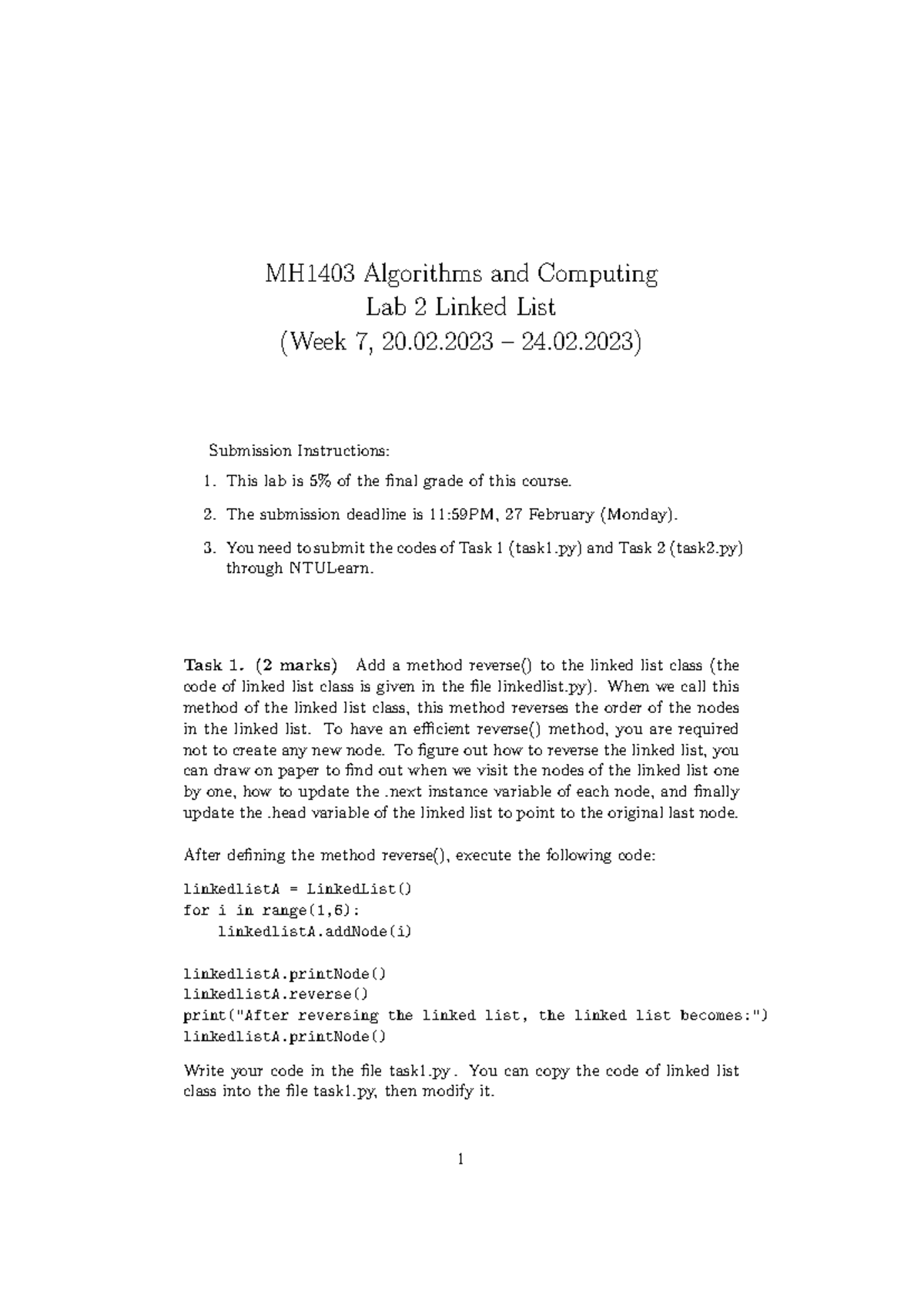 Lab02 - nil - MH1403 Algorithms and Computing Lab 2 Linked List (Week 7 ...