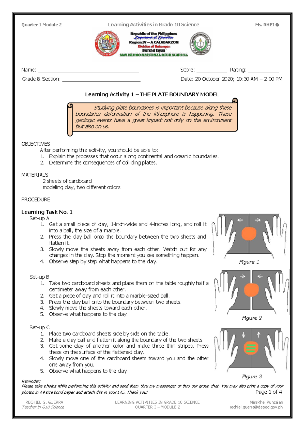 G10 Science Q1 Module 2 Learning Activities: Plate Boundary Model - Studocu