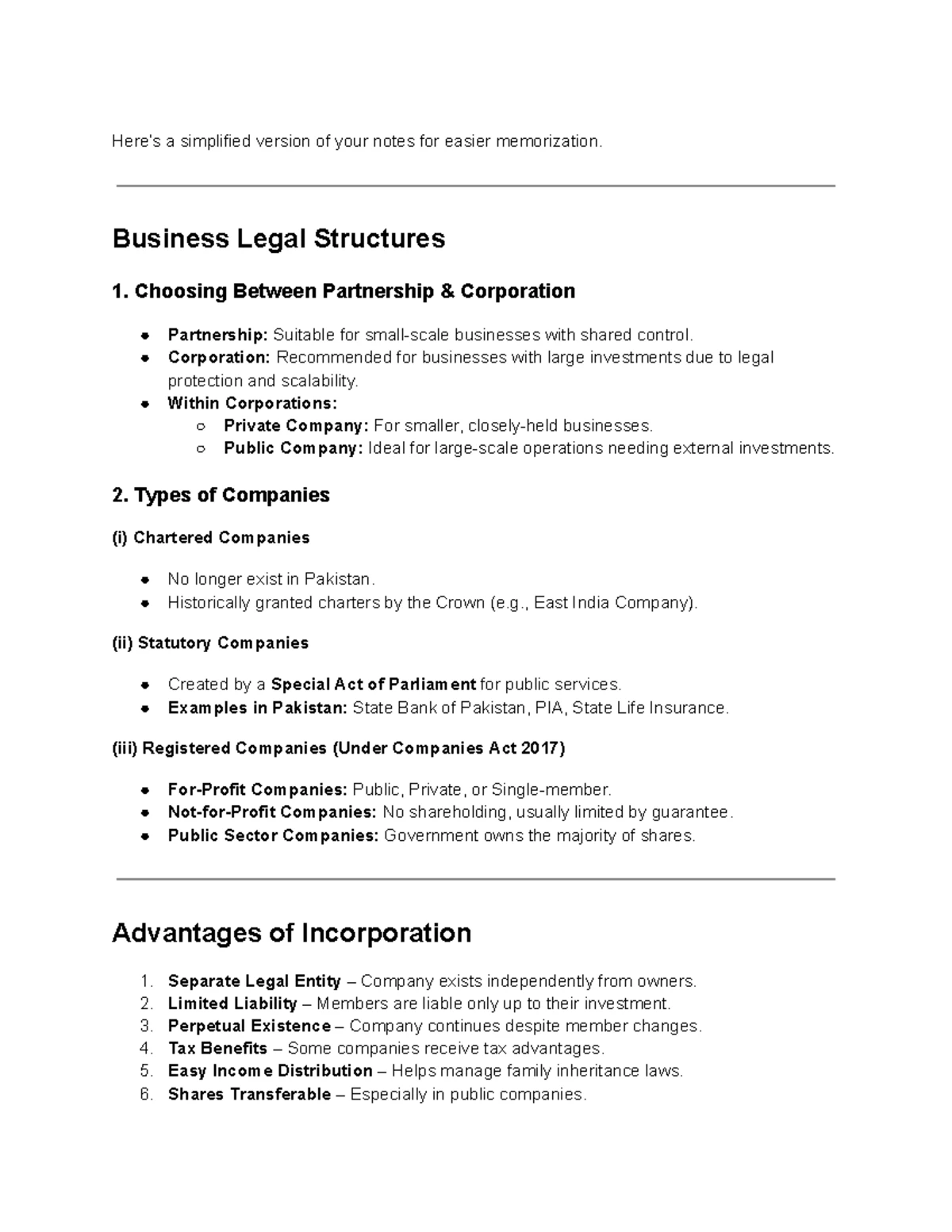 Business Structures & Company Types Notes - Finals Overview - Studocu