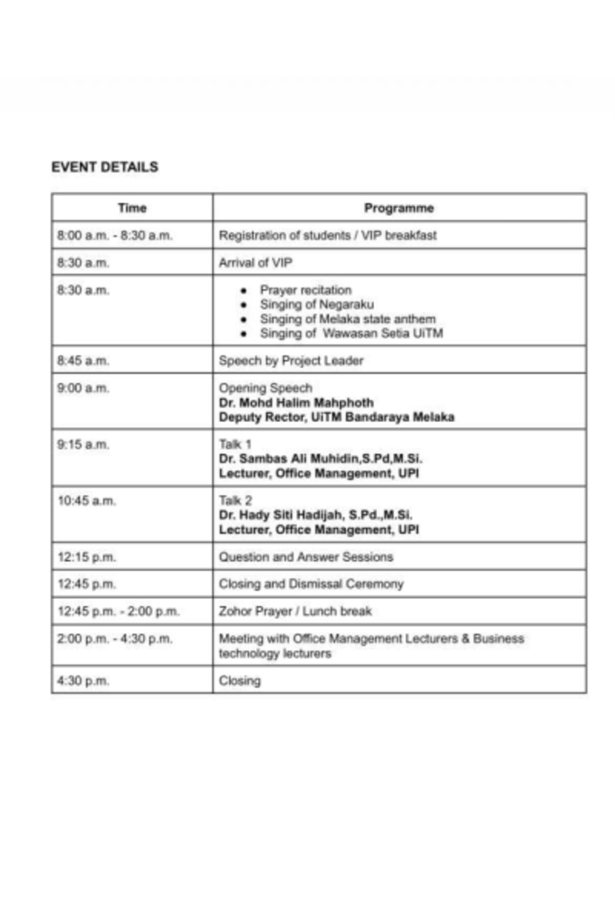 Tentative Program for Event Details - UiTM Melaka - Studocu